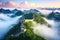 Great Wall of China at sunrise,panoramic view with clouds, The Great Wall of China in the mist , lying long, surrealist view from