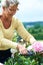 A great way to relax. A smiling senior woman pruning flowers outdoors in the garden.