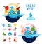 Great whale and ocean icons