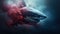 Great white scary shark in water red with blood