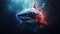 Great white scary shark in water red with blood