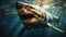 Great White Shark with Caustic Reflections In Crystal Clear Water Background