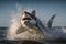 A great white shark jumping out of the water creates a thrilling image of danger and adrenaline