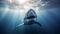 Great white shark underwater filming. Shark swims on camera under sun's rays below surface of water. Rows of sharp