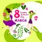 Greating card 8 march happy women`s day two jumping girls happy young cute women flowers leaves brunches