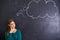 Greatness starts with a single idea. Cropped shot of an attractive young woman standing in front of a blackboard.