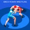 Greco Roman Wrestling Summer Games Icon Set.3D Isometric Fighting Athletes.Sporting International Wrestling Competiti