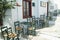Greece, Amorgos, a cafe with tables and chairs.