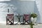 Greece - Amorgos. Chapel, tables and chairs.