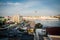 Greece, Athens, August 2016, Pireus Harbor view from top of the building. Big transportation ship