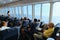 Greece, Crete. 11-09-2019. Passengers sitting in cabin of Greek ferry SeaJets, trip Heraklion Port Desk Santorini Cruise