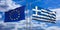 Greece and European Union flags on blue sky background. 3d illustration