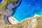 Greece iconic vacation picture. Aerial drone view of the famous Shipwreck Navagio Beach on Zakynthos island, Greece