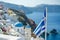 Greece independace day, Santorini and national flag in blue sky