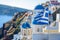 Greece independace day, Santorini and national flag in blue sky