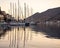 Greece, island of Symi, old harbor at dawn, Dodecanese, Aegean sea.