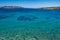 Greece, Lesser Cyclades island. Koufonisia. Rippled Aegean Sea turquoise water and clear blue sky