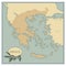 Greece map with olives, branches and olive leaves. Retro style.