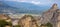 Greece Meteora landscape. Kalabaka village and rock formation. Europe travel destination