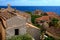 Greece monemvasia traditional view of stone houses with sea background