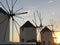 Greece Mykonos Sunset, Windmills symbol of Mykonos Island Greece Cyclades