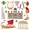 Greece Object and Traditional Cultural Symbol with Trireme and Cathedral Vector Set