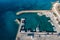 Greece, Pano Koufonisi small cyclades island, marina aerial drone view