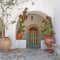 Greece, Poros island, arched house entrance door and flowerpots