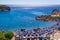 GREECE , RHODES- 12 september 2018 Overlooking the beautiful beach at Anthony Quinn Bay Rhodes Greece Europe