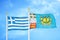 Greece and Saint Pierre and Miquelon two flags on flagpoles and blue sky