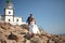 Greece, Santorini, Oia. September 16, 2014: a couple of newly married people in beautiful attire enjoying their honeymoon months