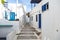 Greece, Serifos island. Traditional white building and narrow street, at Chora town  Cyclades