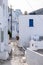 Greece, Serifos island. Traditional white building and narrow street at Chora town  Cyclades