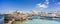 Greece travel banner Naoussa city Paros island famous destination panoramic landmark with buildings and sea port