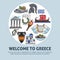 Greece travel welcome poster of Greek sightseeings and famous culture landmarks icons