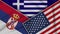 Greece United States of America Serbia Flags Together Fabric Texture Illustration