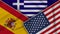 Greece United States of America Spain Flags Together Fabric Texture Illustration