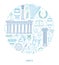 Greece. Vector illustration of famous Greek symbols and landmarks in circle frame.Basic RGB