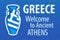Greece, Welcome to Ancient Athens, Blue invitation banner with Amphora and National Flag of Greece.