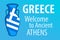 Greece, Welcome to Ancient Athens, Bright blue invitation banner with Amphora and National Flag of Greece.