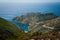Greece, Zakynthos, August 2016. Rocks, caves and blue water. View from observation point to panorama of island, bay and road