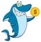 Greedy Shark Cartoon Mascot Character Holding A Golden Dollar Coin.
