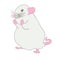 Greedy white rat with pink paws on white background