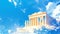 Greek American Heritage Month. Background with Greek temple against blue sky illustration. Copy space