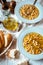 Greek chickpea soup in the white wooden table vertical