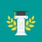 Greek column with mortar board and laurel wreath. Antique pillar and graduation toga cap