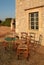 Greek country outdoor restaurant on roof terrace, Crete, Greece.