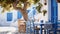 Greek culture with traditional white and blue greek architecture, taverna