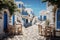 Greek culture with traditional white and blue greek architecture, taverna