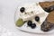 greek feta, olives, bread, bay leaf